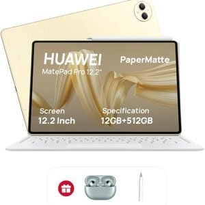 While Stocks Last：HUAWEI MatePad Pro 12.2" PaperMatte Tablet, 2.8K Tandem OLED 144 Hz FullView Display, Large battery, Super Charge, Wifi, 12GB+512GB, HUAWEI Glide Keyboard, Professional GoPaint APP, Gold + Gifts
