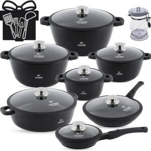 LIFE SMILE Cookware Set - Pots and Pans set Granite Non Stick Coating 100% PFOA FREE, Induction Base Cooking Set with Removable Silicone Handles - Oven Safe (Black Shine, 31 Pieces)